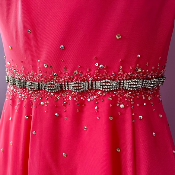 Bright pink cowl neck sleeveless evening gown with rhinestones - Picture 4 of 9